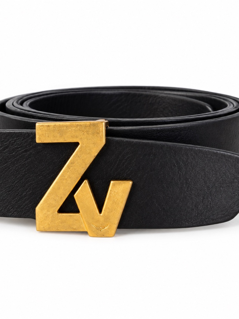 Zadig & Voltaire Black Leather Belt with Gold ZV Buckle